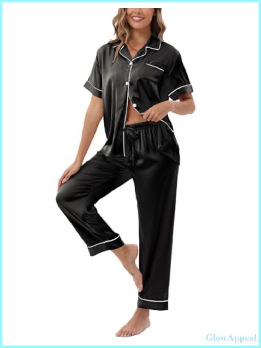 Silk Satin Pajama Set Button Down Short Sleeve Sleepwear Loungewear